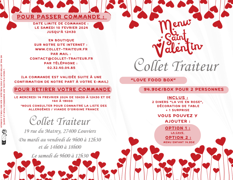 Menu Saint Valentin 2024 Collet Traiteur